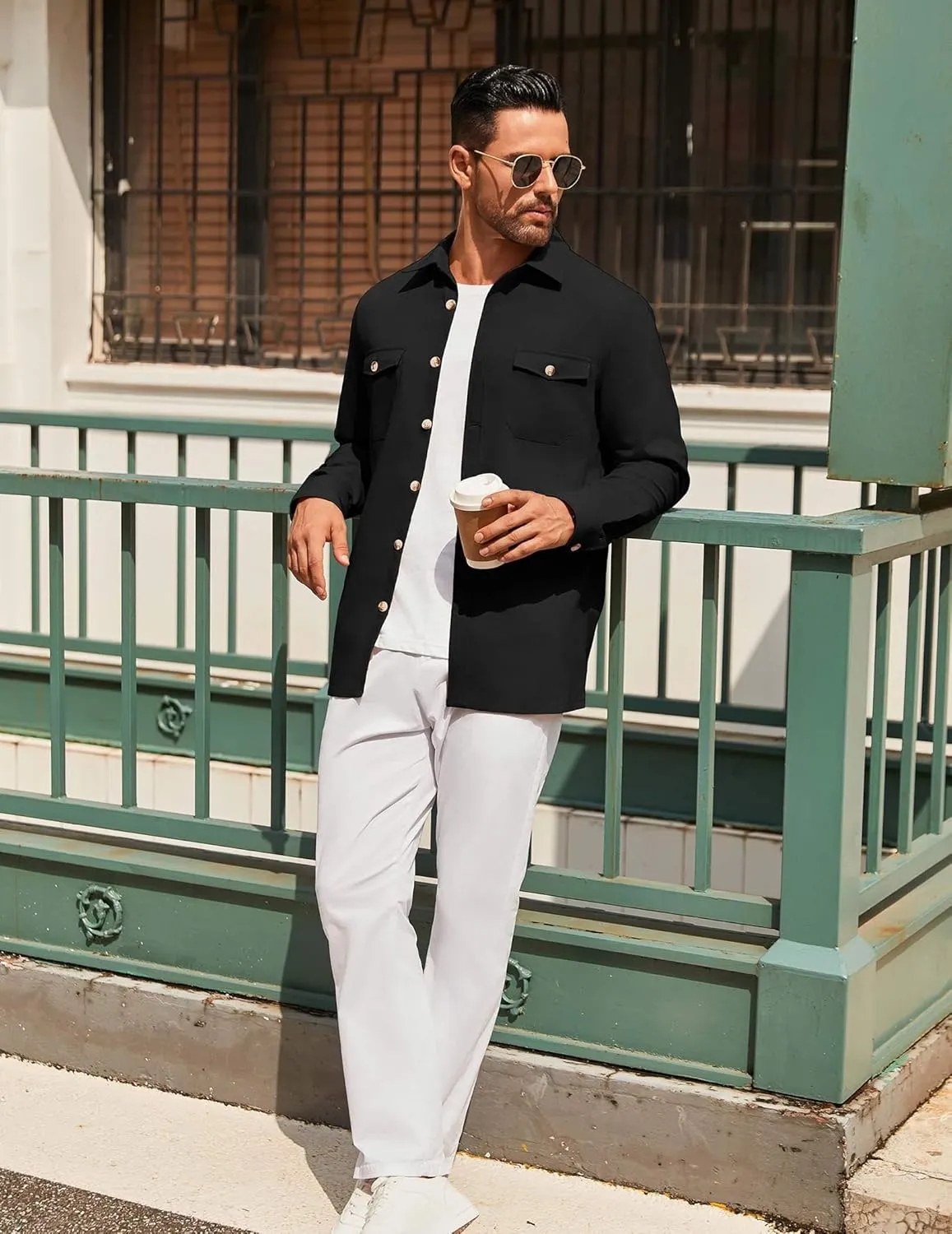 COOFANDY Men's Casual Shirt Jacket Linen Button Down Shirt Long Sleeve Lightweight Shacket with Pockets