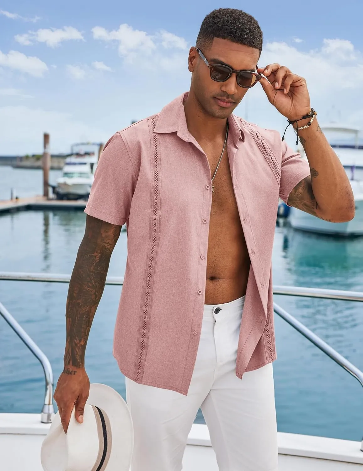 COOFANDY Men's Cuban Guayabera Shirts Casual Short Sleeve Button Down Shirt Summer Beach Vacation Shirt