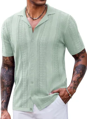 COOFANDY Men's Knit Shirts Vintage Short Sleeve Button Down Shirt Casual Summer Beach Shirt