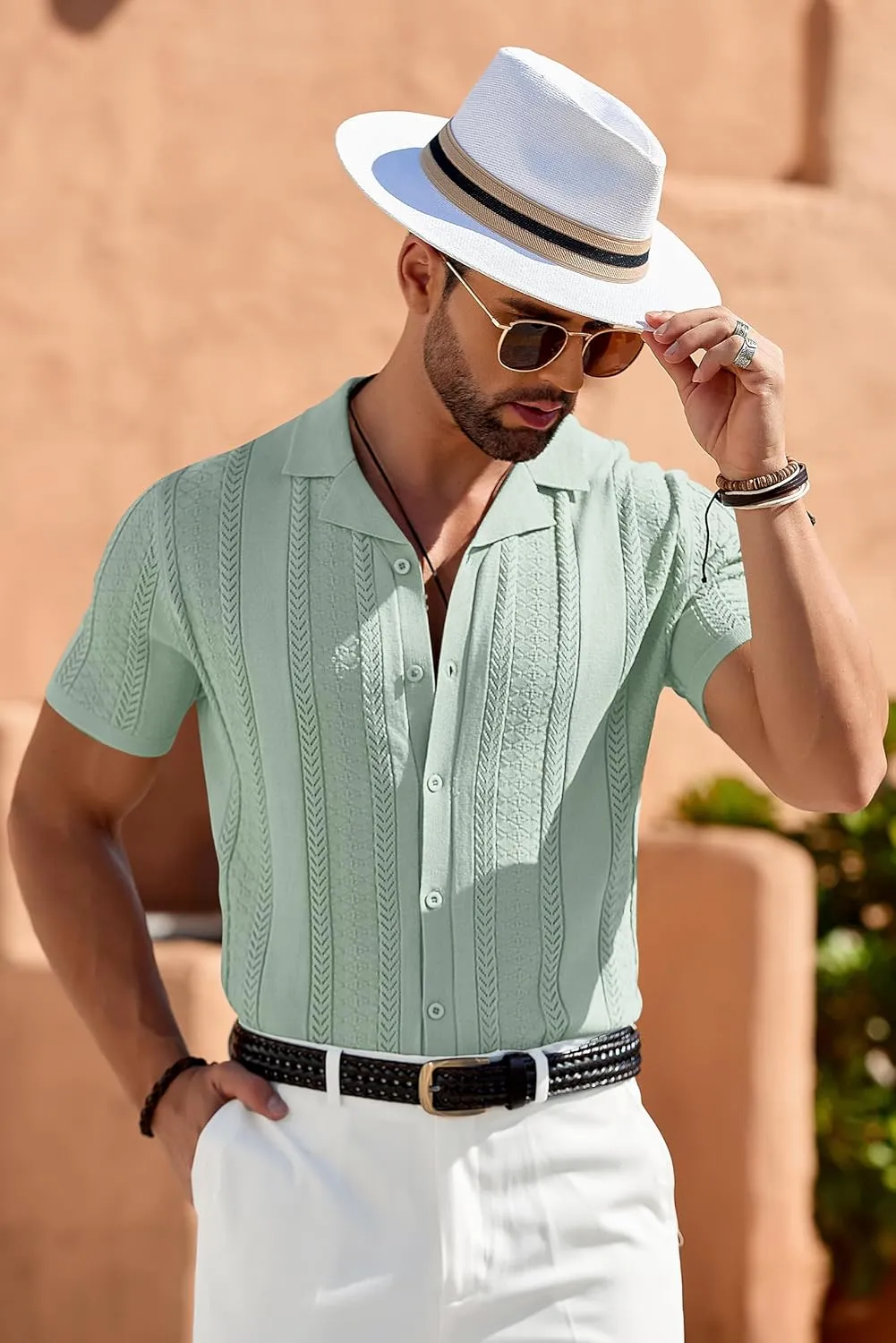 COOFANDY Men's Knit Shirts Vintage Short Sleeve Button Down Shirt Casual Summer Beach Shirt