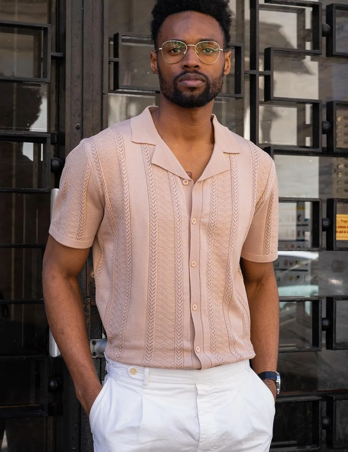 COOFANDY Men's Knit Shirts Vintage Short Sleeve Button Down Shirt Casual Summer Beach Shirt