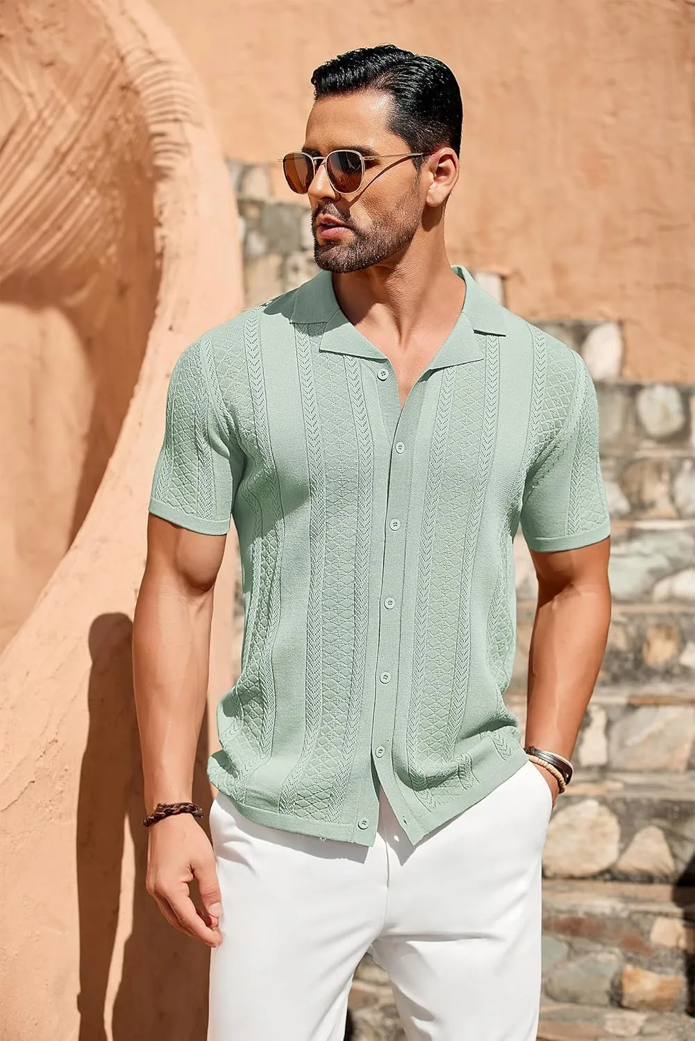 COOFANDY Men's Knit Shirts Vintage Short Sleeve Button Down Shirt Casual Summer Beach Shirt