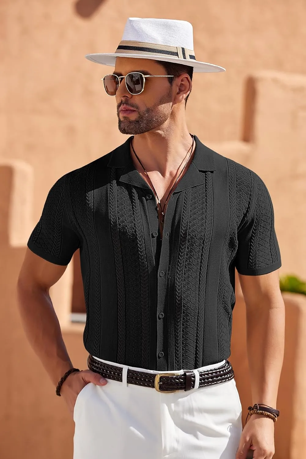 COOFANDY Men's Knit Shirts Vintage Short Sleeve Button Down Shirt Casual Summer Beach Shirt