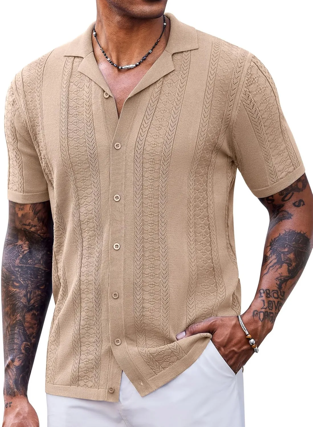 COOFANDY Men's Knit Shirts Vintage Short Sleeve Button Down Shirt Casual Summer Beach Shirt