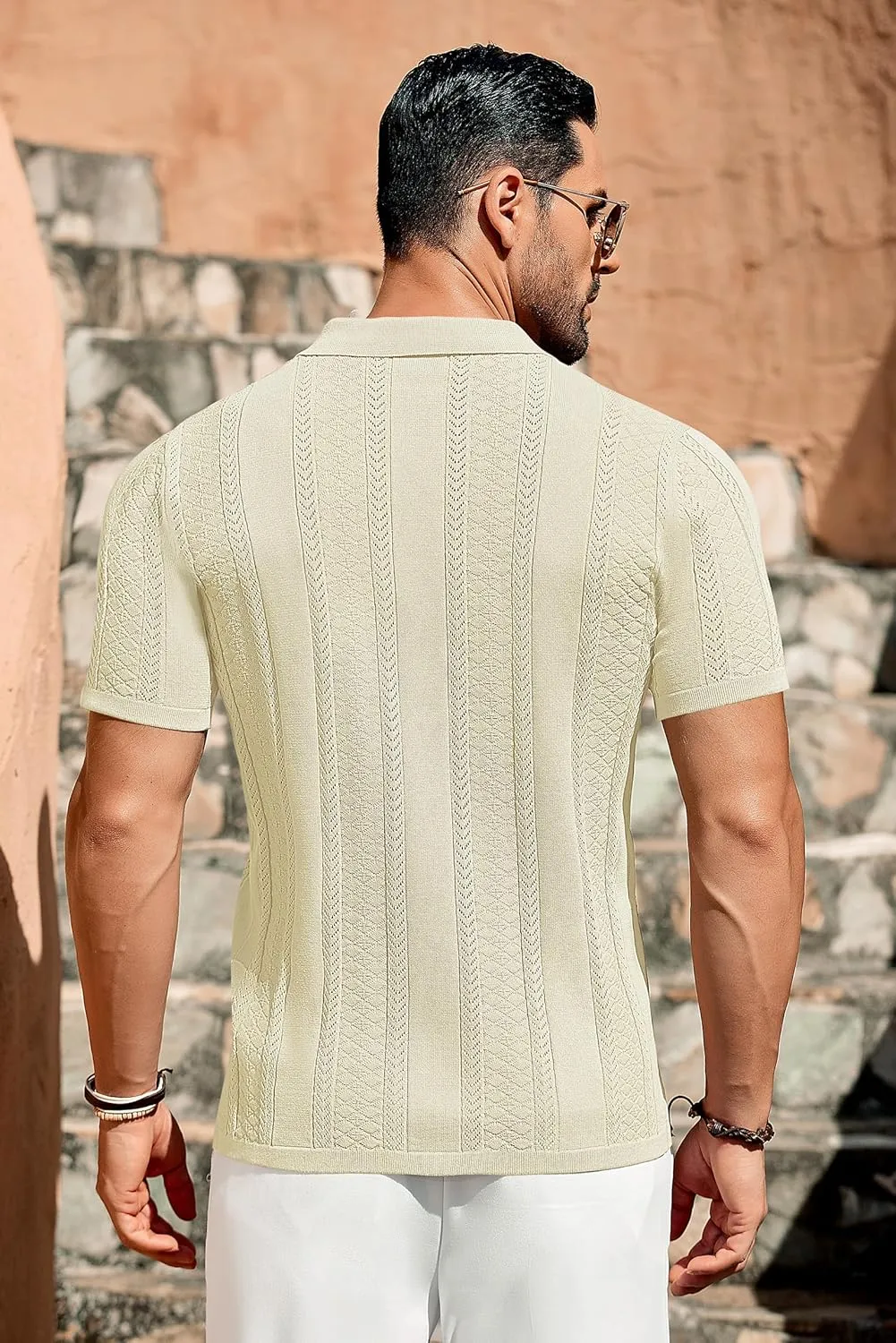 COOFANDY Men's Knit Shirts Vintage Short Sleeve Button Down Shirt Casual Summer Beach Shirt