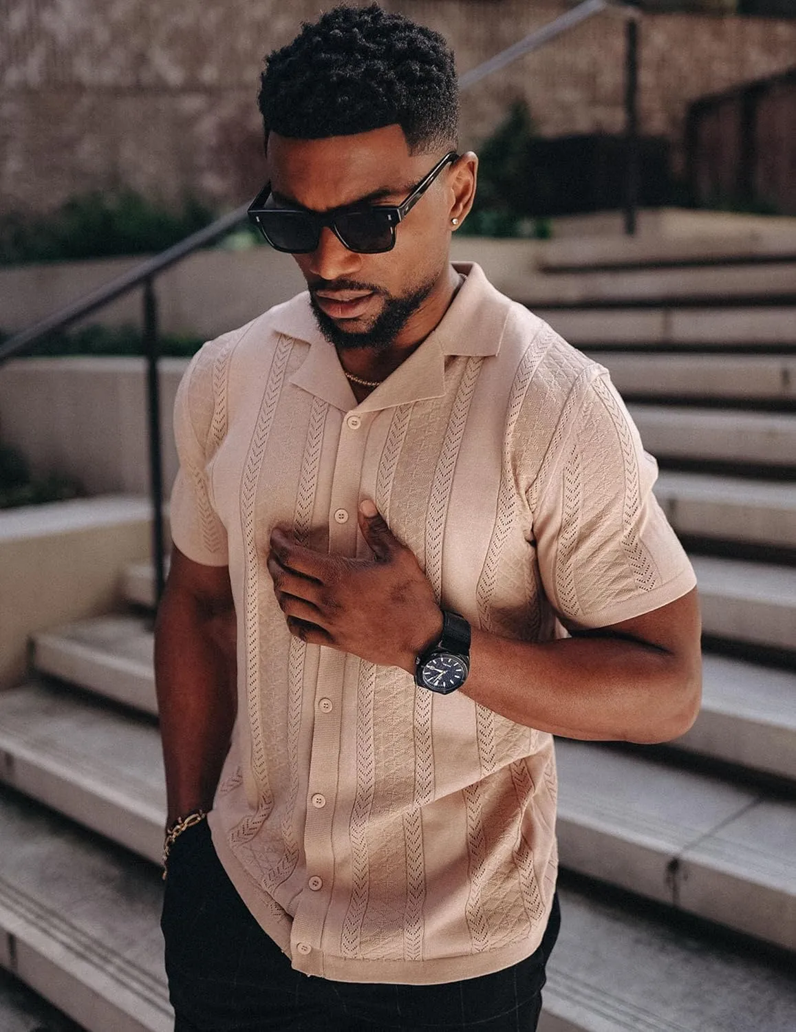 COOFANDY Men's Knit Shirts Vintage Short Sleeve Button Down Shirt Casual Summer Beach Shirt