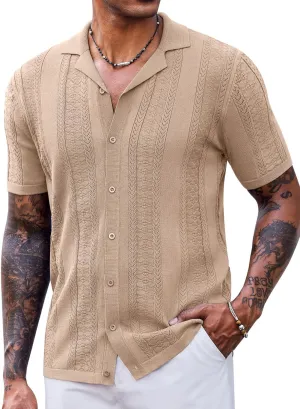 COOFANDY Men's Knit Shirts Vintage Short Sleeve Button Down Shirt Casual Summer Beach Shirt