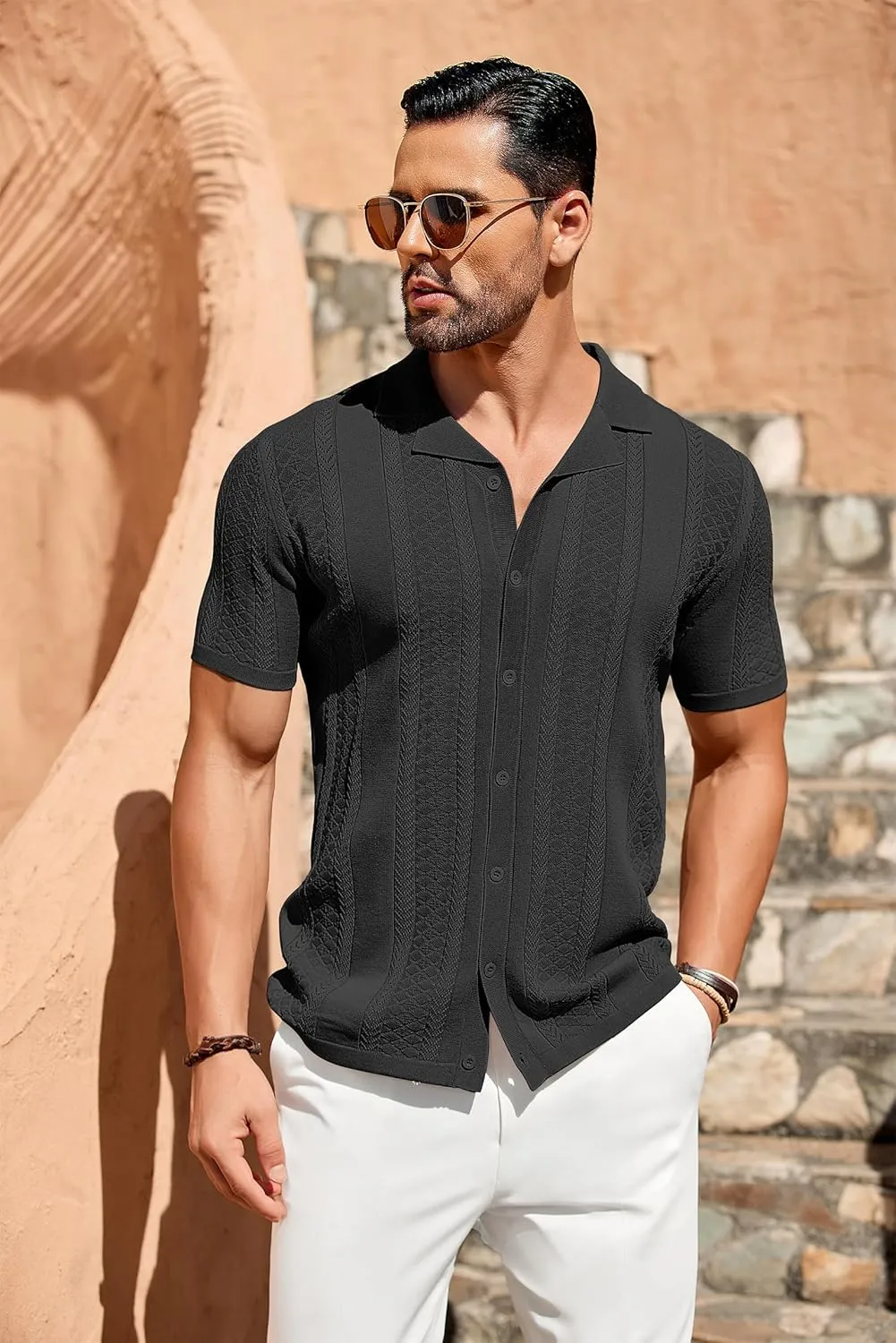 COOFANDY Men's Knit Shirts Vintage Short Sleeve Button Down Shirt Casual Summer Beach Shirt