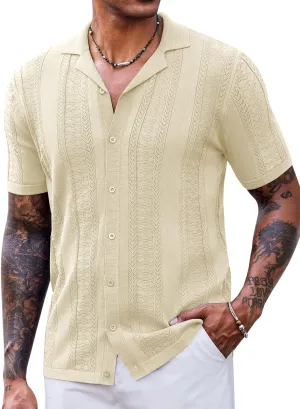 COOFANDY Men's Knit Shirts Vintage Short Sleeve Button Down Shirt Casual Summer Beach Shirt