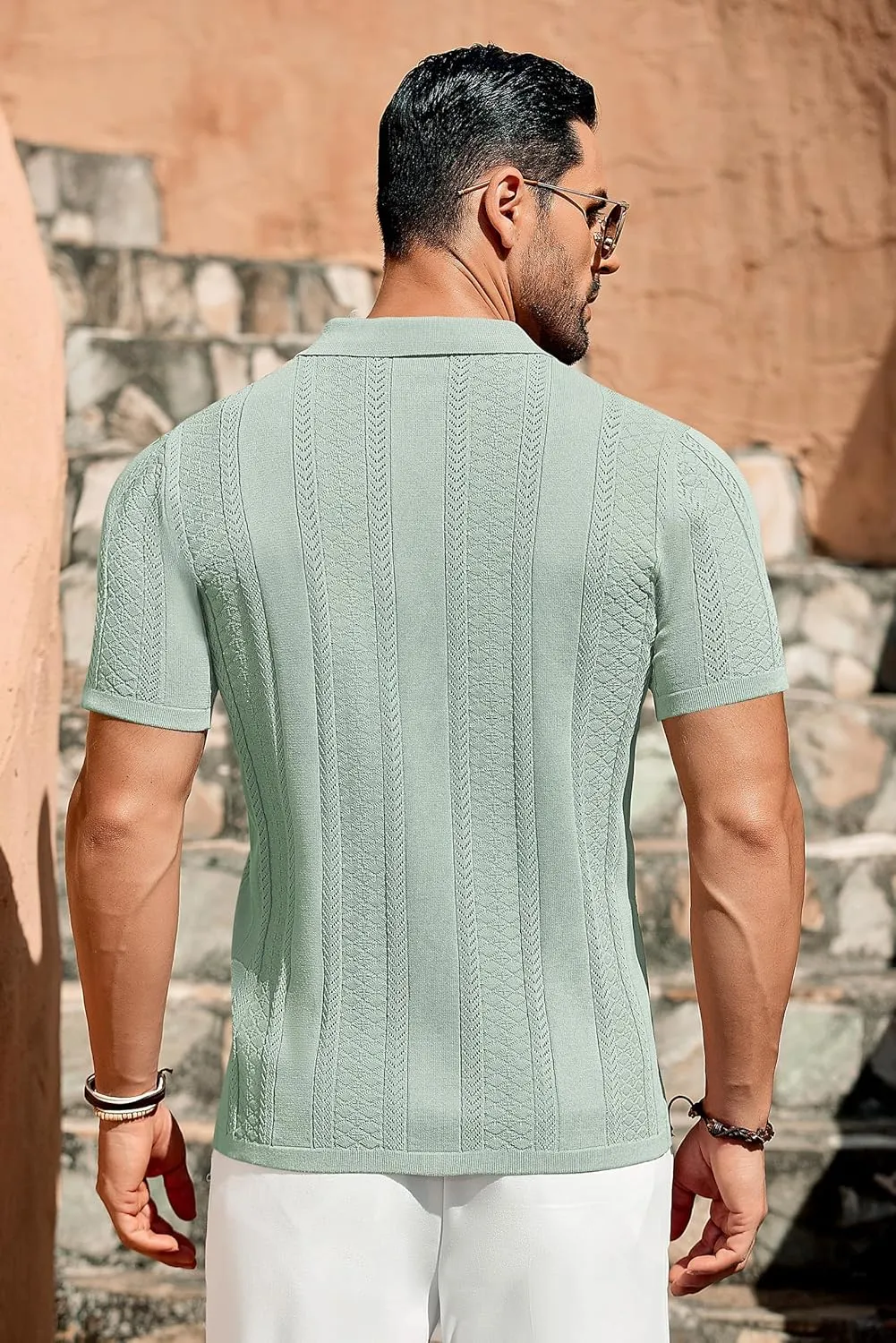 COOFANDY Men's Knit Shirts Vintage Short Sleeve Button Down Shirt Casual Summer Beach Shirt