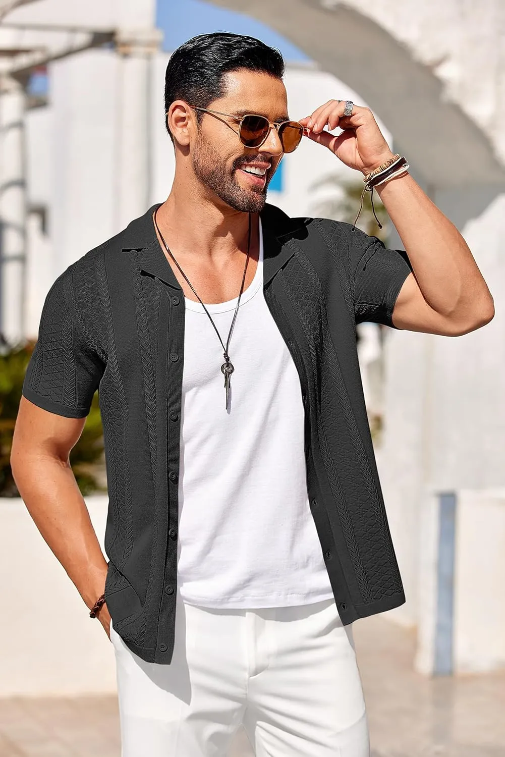 COOFANDY Men's Knit Shirts Vintage Short Sleeve Button Down Shirt Casual Summer Beach Shirt