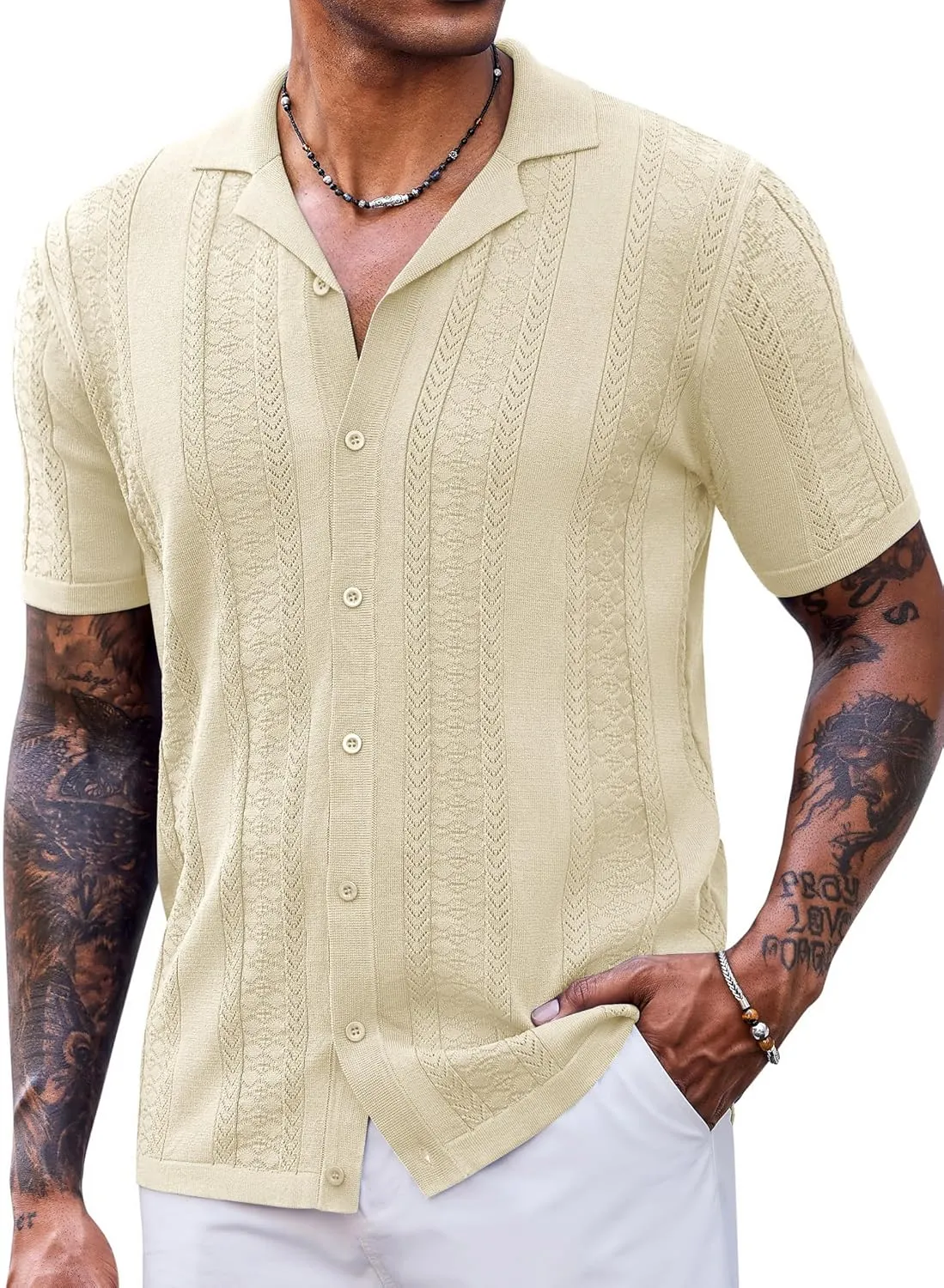 COOFANDY Men's Knit Shirts Vintage Short Sleeve Button Down Shirt Casual Summer Beach Shirt