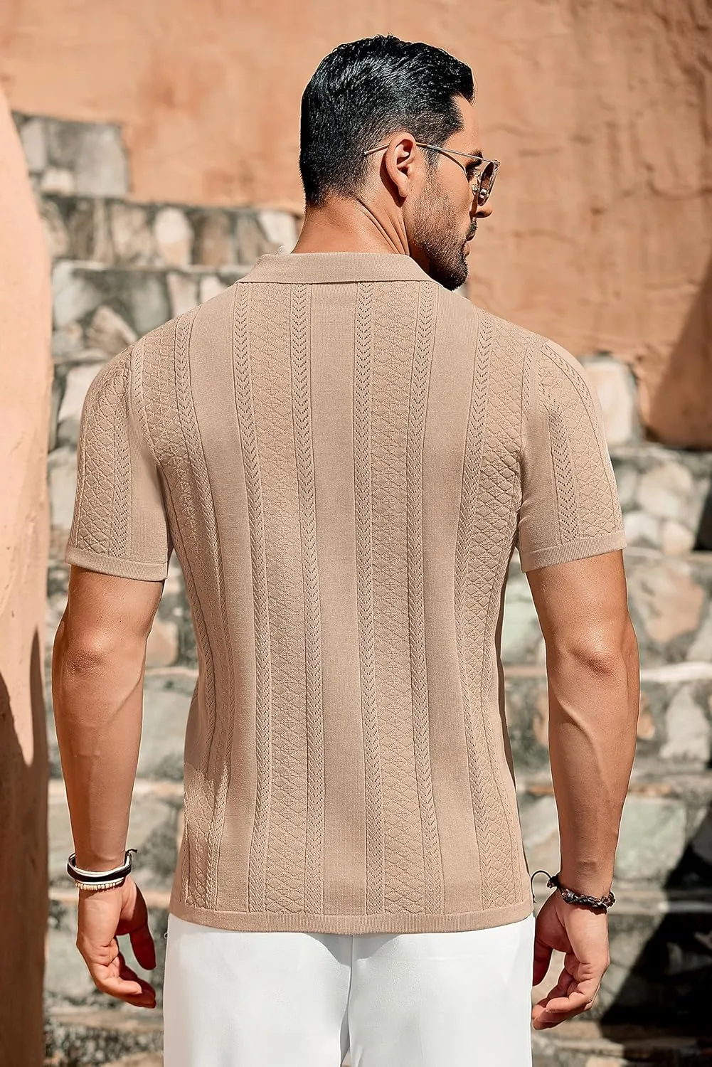 COOFANDY Men's Knit Shirts Vintage Short Sleeve Button Down Shirt Casual Summer Beach Shirt