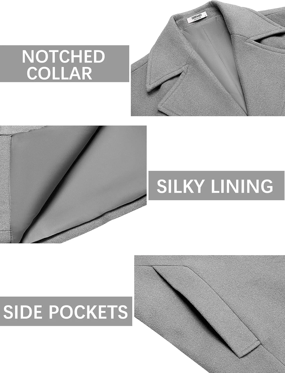 COOFANDY Mens Trench Coat Notched Collar Single Breasted Peacoat Winter Overcoat With Pockets