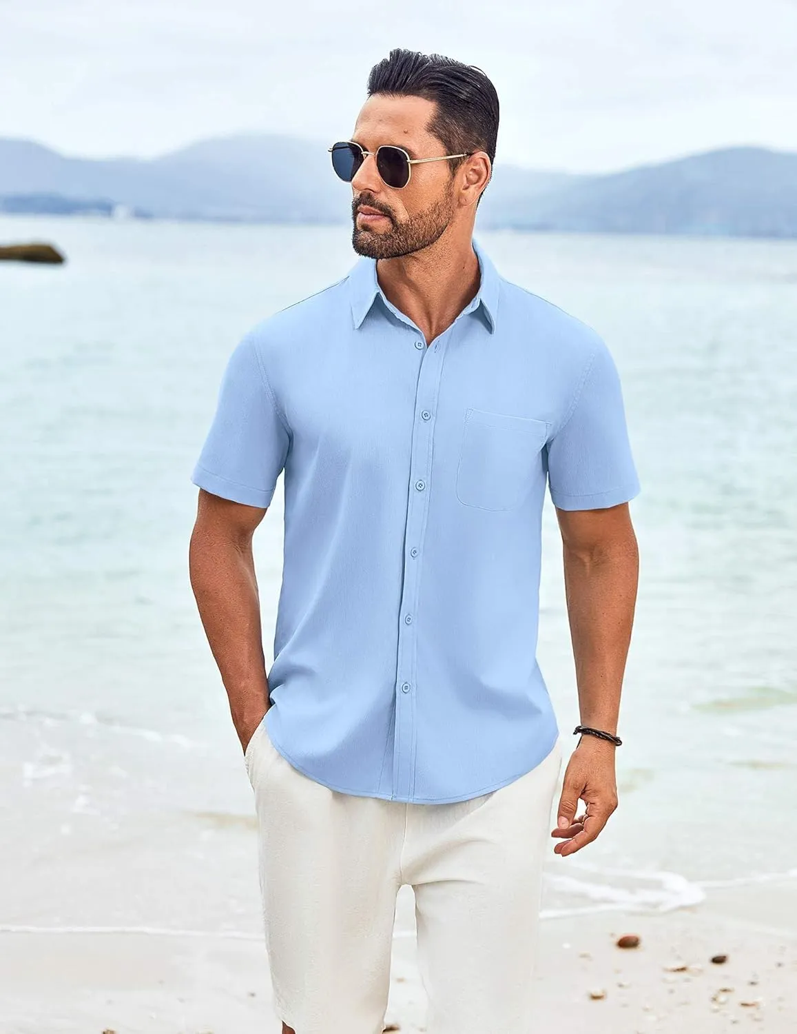 COOFANDY Shirts for Men Short Sleeve Button Down Shirt Casual Summer Beach Shirt