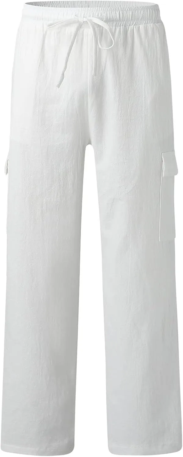 Cotton Linen Pants for Men Mid Waist Drawstring Pants Plain Breathable Yoga Trousers Baggy Beach Trouser with Pockets