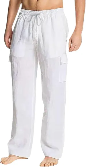 Cotton Linen Pants for Men Mid Waist Drawstring Pants Plain Breathable Yoga Trousers Baggy Beach Trouser with Pockets