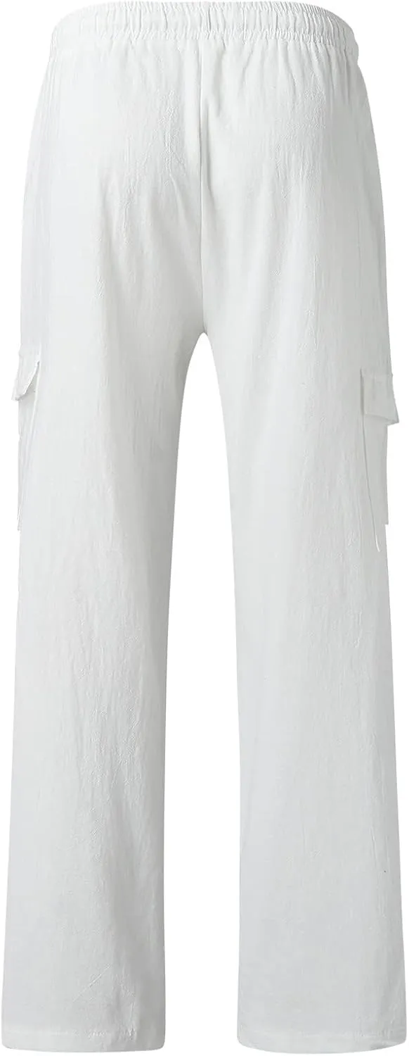 Cotton Linen Pants for Men Mid Waist Drawstring Pants Plain Breathable Yoga Trousers Baggy Beach Trouser with Pockets