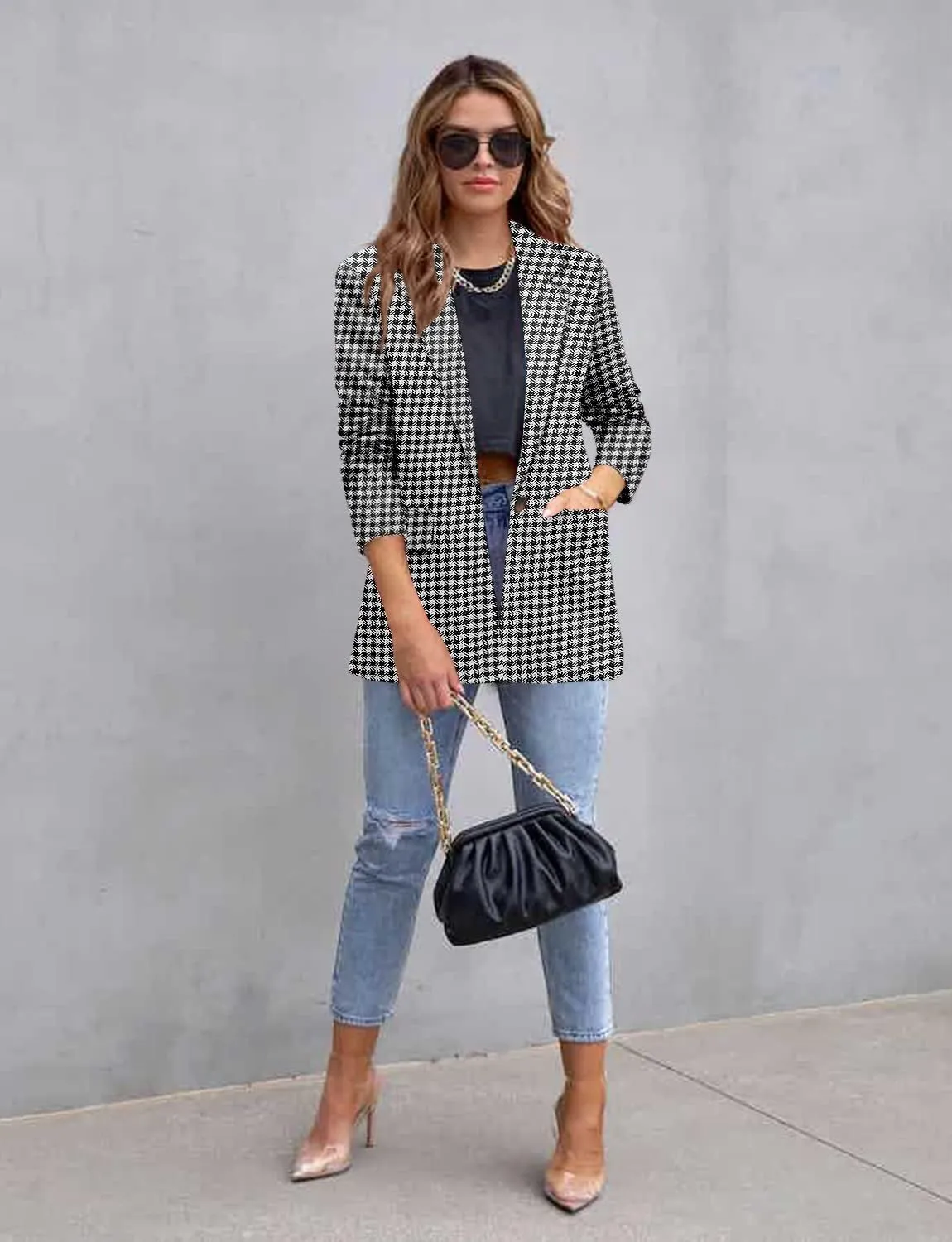 CRAZY GRID Womens Casual Blazer Jacket Long Sleeve Open Front Work Office Blazer Lapel Button Jacket