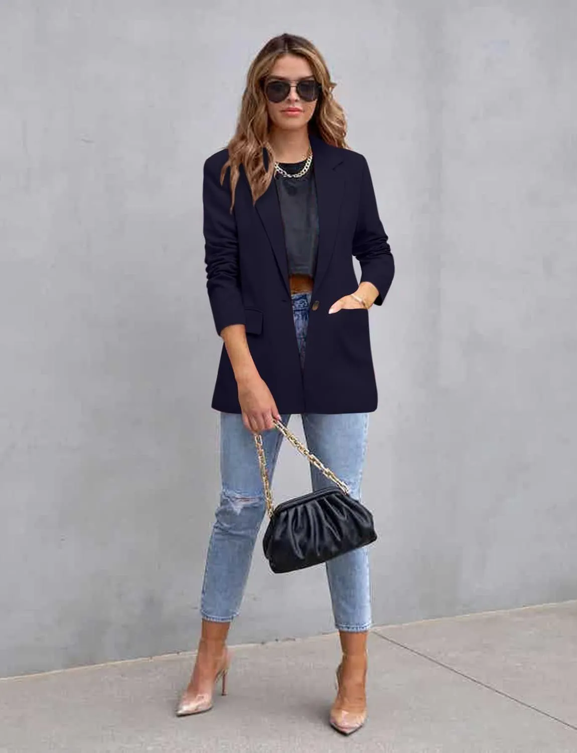 CRAZY GRID Womens Casual Blazer Jacket Long Sleeve Open Front Work Office Blazer Lapel Button Jacket