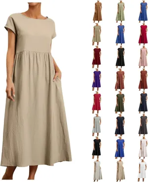 Crew Neck Summer Dresses For Women 2025 Short Sleeve Loose Fit Tunic Beach Dresses Patchwork Solid Shirt Sundress