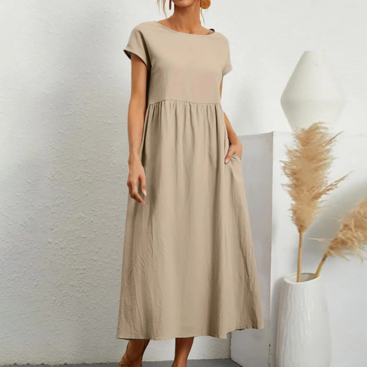 Crew Neck Summer Dresses For Women 2025 Short Sleeve Loose Fit Tunic Beach Dresses Patchwork Solid Shirt Sundress