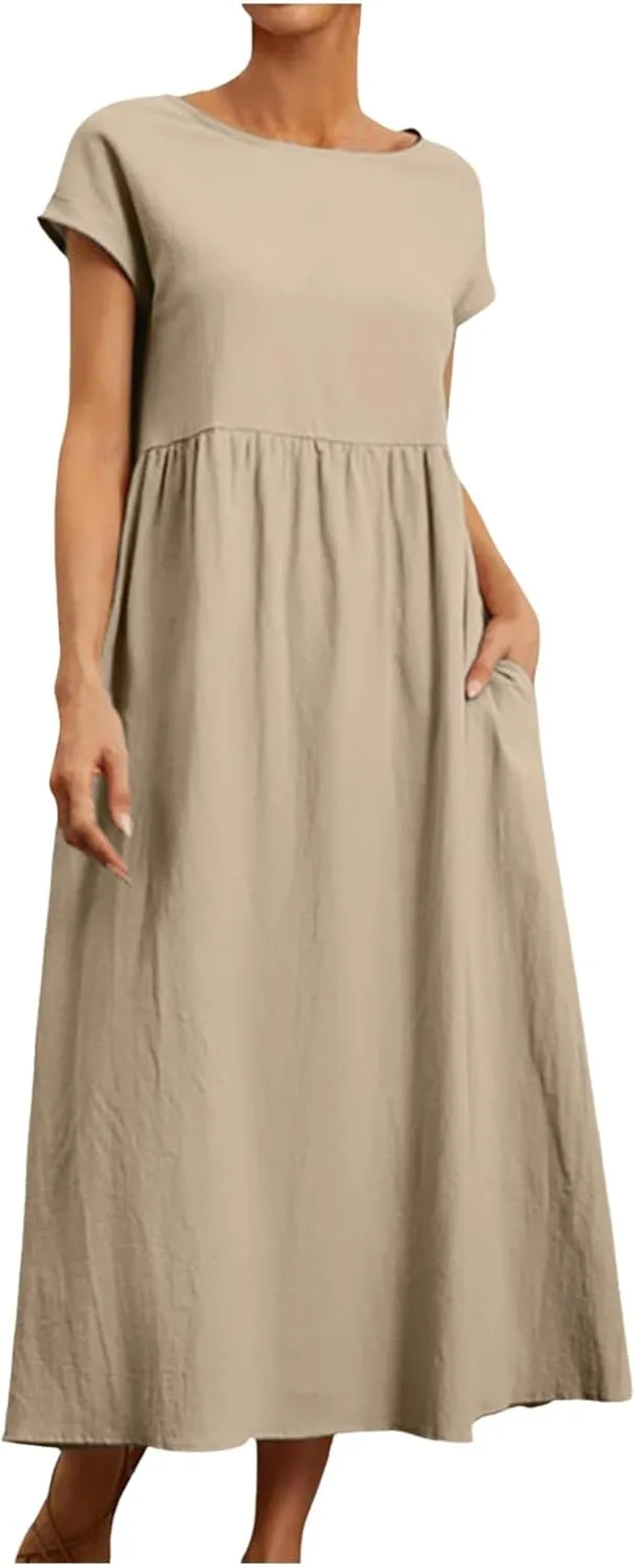 Crew Neck Summer Dresses For Women 2025 Short Sleeve Loose Fit Tunic Beach Dresses Patchwork Solid Shirt Sundress