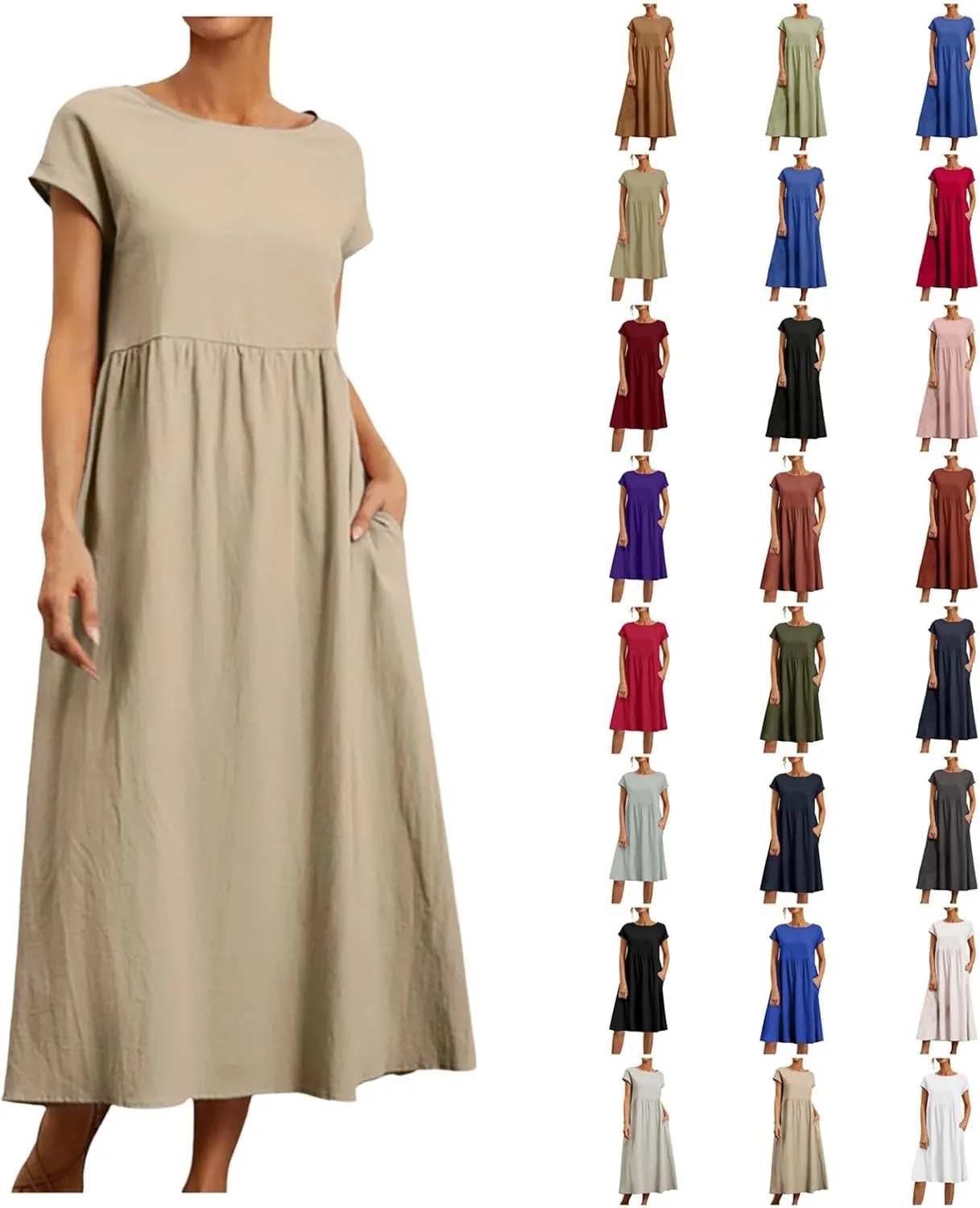 Crew Neck Summer Dresses For Women 2025 Short Sleeve Loose Fit Tunic Beach Dresses Patchwork Solid Shirt Sundress