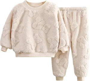 Crewneck Fleece Sweater Sets for Boys and Girls 2 Piece Fuzzy Long Sleeve Sweatshirt and Warm Pants Homewear Clothing