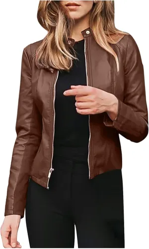DASAYO Womens Lapel Slim Short Coat Full Zip Open Front Faux Leather PU Jacket Autumn and Winter Fashion Cardigan Jackets