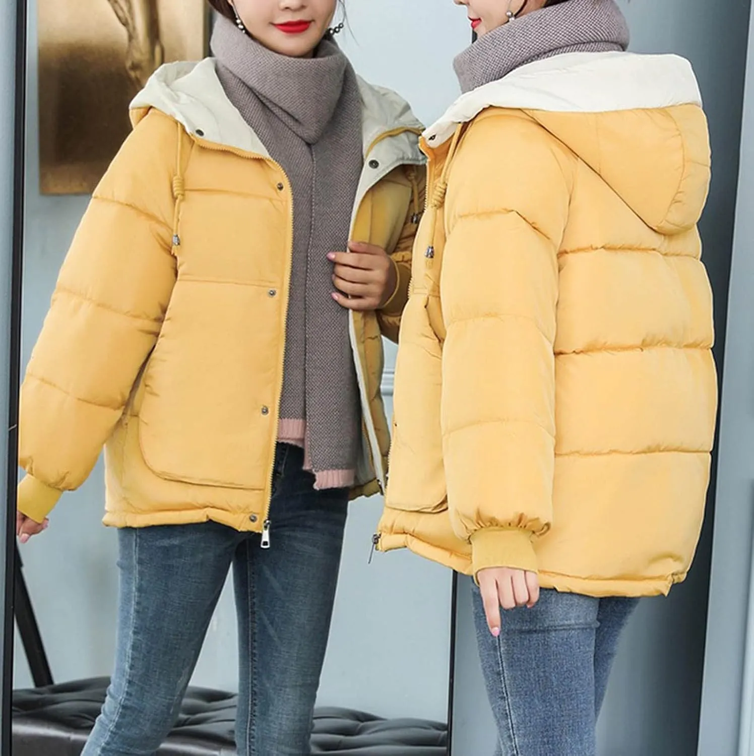 DASAYO Womens Thicken Drawstring Hooded Puffer Parka Jacket Windbreaker Warm Outdoor Coats Cotton Padded Puffy Baggy Overcoat