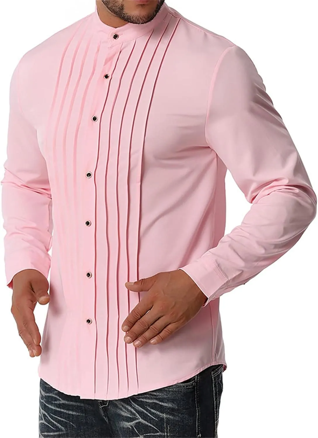 DGHM-JLMY Men Business Pleated Henry Collar Long Sleeve Shirt Slim Fit Pleated Tuxedo Wedding Shirt Solid Party Dress Shirt