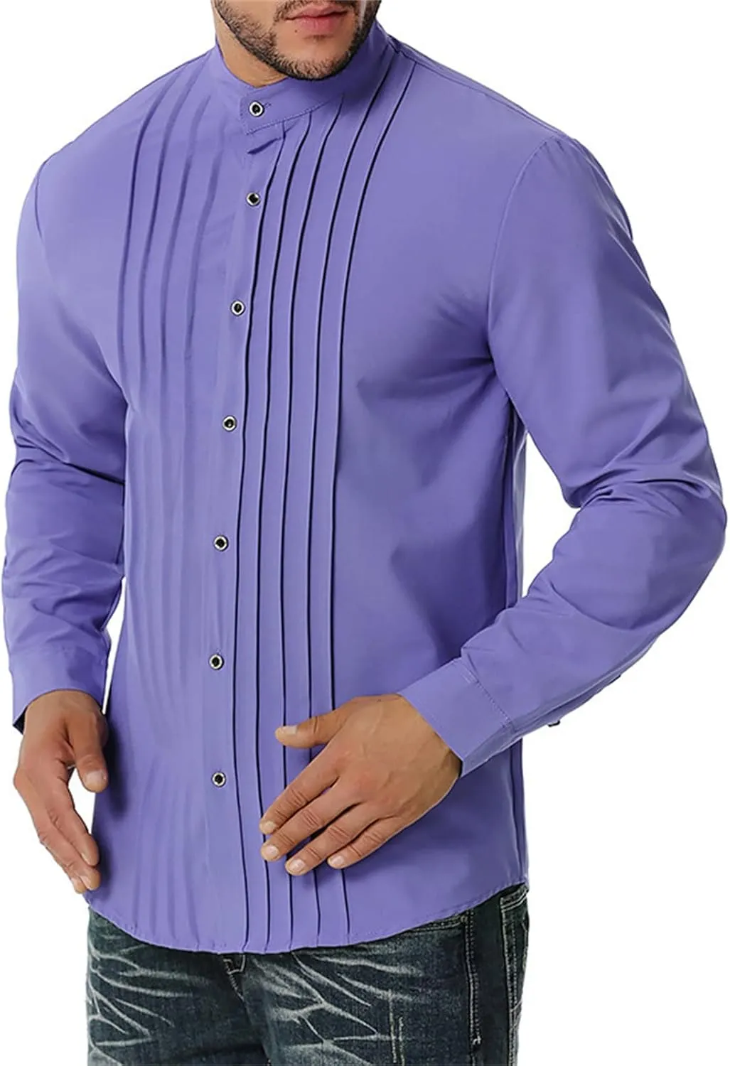 DGHM-JLMY Men Business Pleated Henry Collar Long Sleeve Shirt Slim Fit Pleated Tuxedo Wedding Shirt Solid Party Dress Shirt
