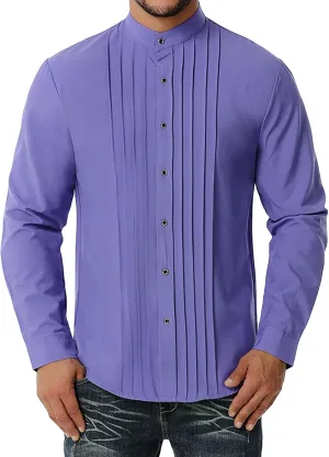 DGHM-JLMY Men Business Pleated Henry Collar Long Sleeve Shirt Slim Fit Pleated Tuxedo Wedding Shirt Solid Party Dress Shirt