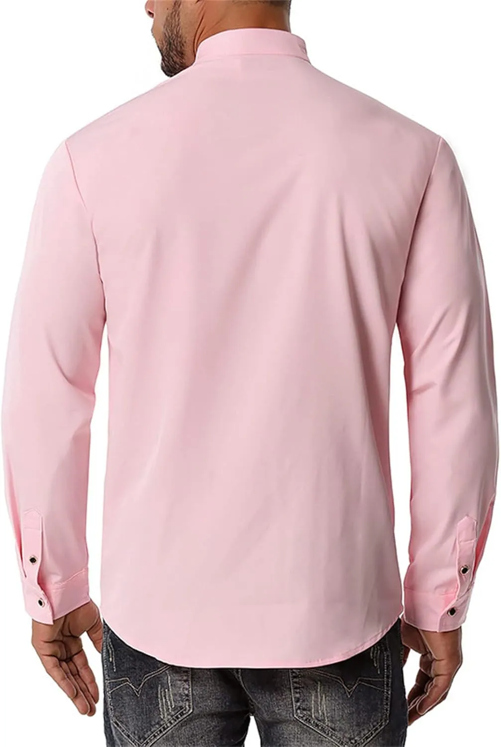 DGHM-JLMY Men Business Pleated Henry Collar Long Sleeve Shirt Slim Fit Pleated Tuxedo Wedding Shirt Solid Party Dress Shirt