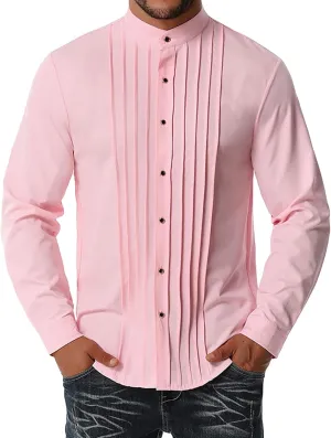 DGHM-JLMY Men Business Pleated Henry Collar Long Sleeve Shirt Slim Fit Pleated Tuxedo Wedding Shirt Solid Party Dress Shirt