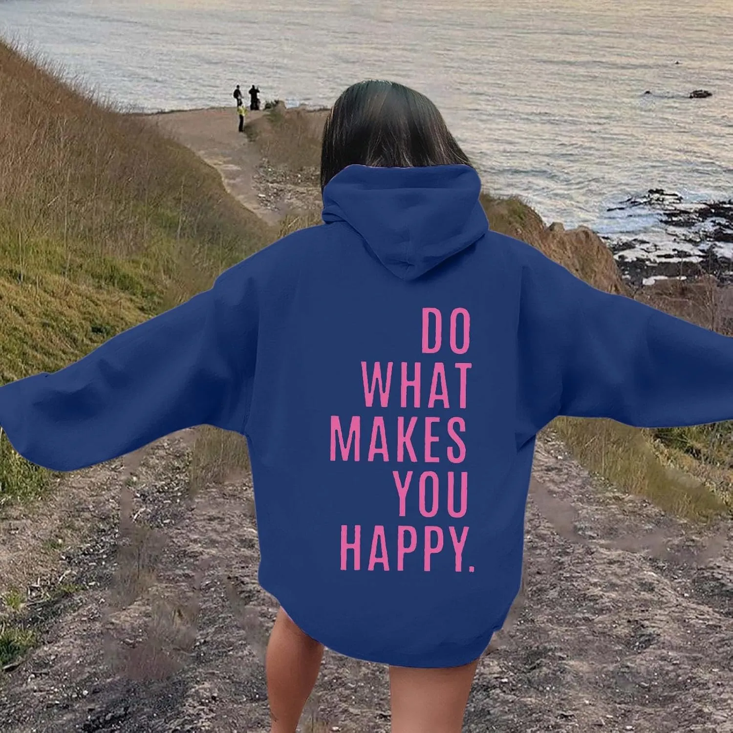 Do What Makes You Happy Print Sweatshirts Womens Oversized Hoodies Long Sleeve Pullover Tops Drawstring Pocket Outfits