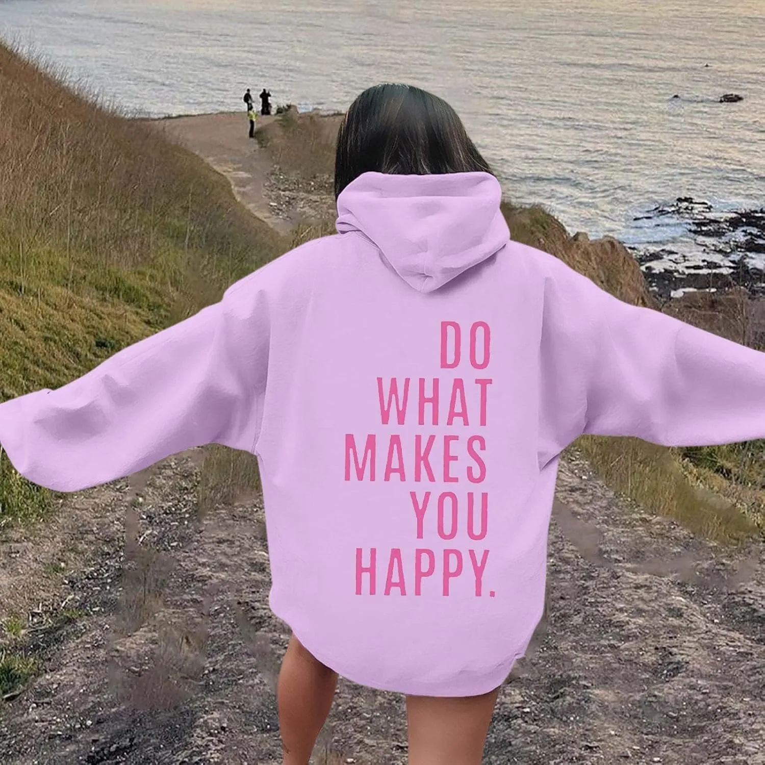 Do What Makes You Happy Print Sweatshirts Womens Oversized Hoodies Long Sleeve Pullover Tops Drawstring Pocket Outfits