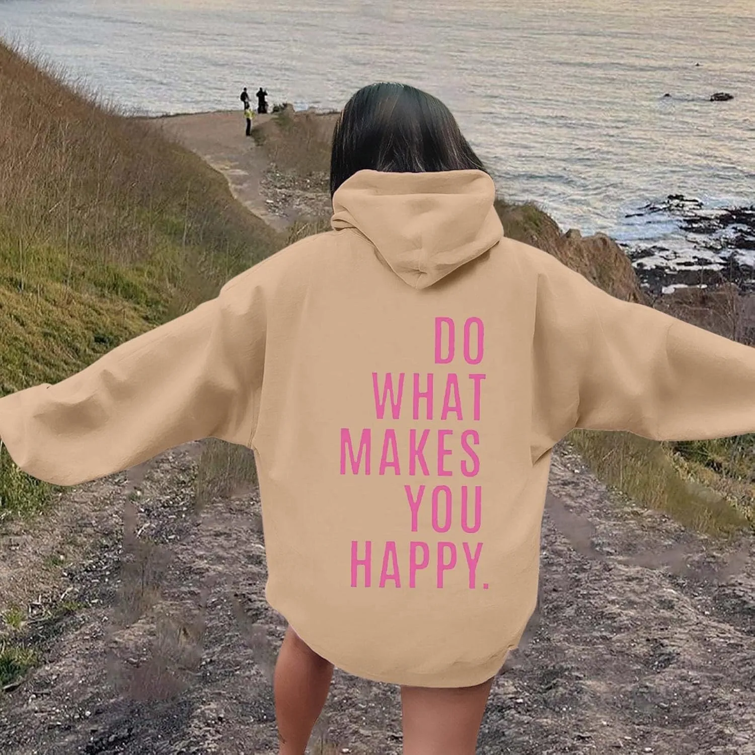 Do What Makes You Happy Print Sweatshirts Womens Oversized Hoodies Long Sleeve Pullover Tops Drawstring Pocket Outfits