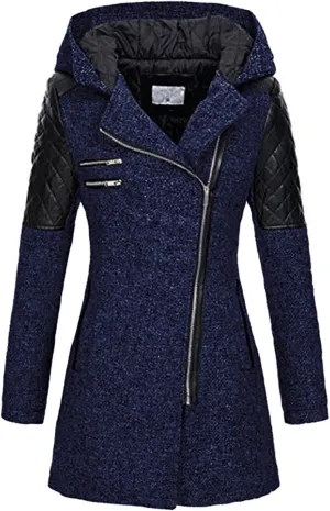 Double Breasted Trench Coats for Women 2024 Winter Wool Blend Lining Peacoats Mid-Length Hooded Jackets with Belt