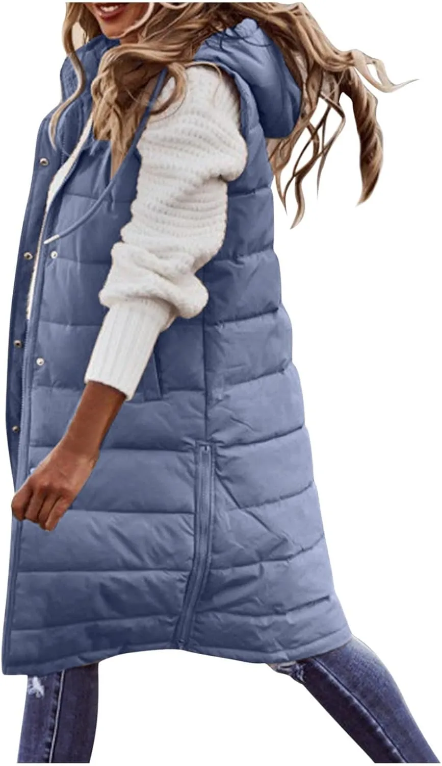 Down Vest for Women, Long Winter Coat Vest with Hood Sleeveless Warm Down Coat Quilted Down Jacket Plus Size