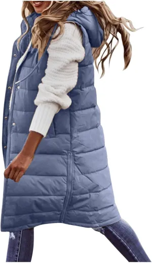 Down Vest for Women, Long Winter Coat Vest with Hood Sleeveless Warm Down Coat Quilted Down Jacket Plus Size