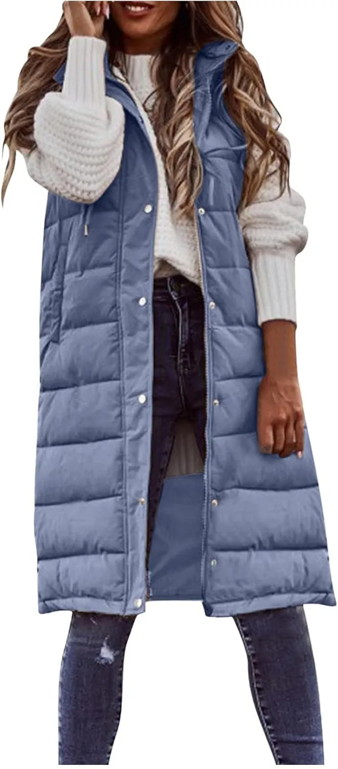 Down Vest for Women, Long Winter Coat Vest with Hood Sleeveless Warm Down Coat Quilted Down Jacket Plus Size