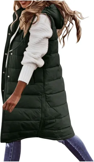Down Vest for Women, Long Winter Coat Vest with Hood Sleeveless Warm Down Coat Quilted Down Jacket Plus Size