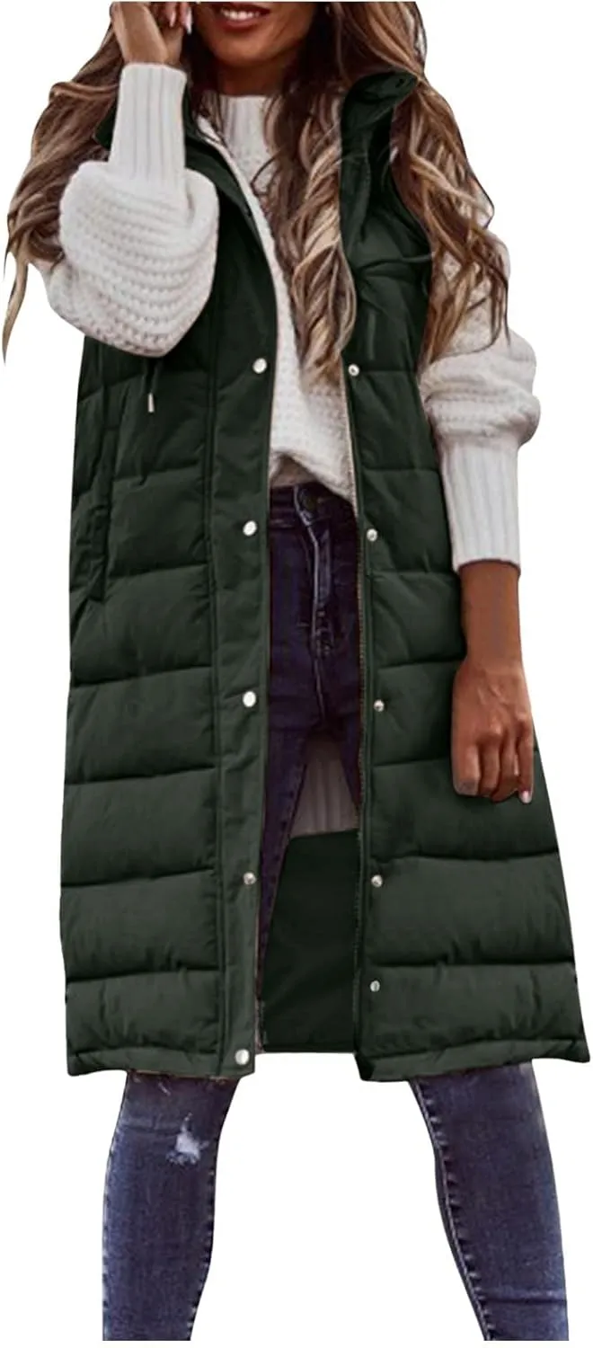 Down Vest for Women, Long Winter Coat Vest with Hood Sleeveless Warm Down Coat Quilted Down Jacket Plus Size