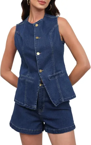 ECHOINE Women's Denim 2 Piece Set Sleeveless Blazer Vest Tops and Jeans Shorts Outfit Casual Business Suits
