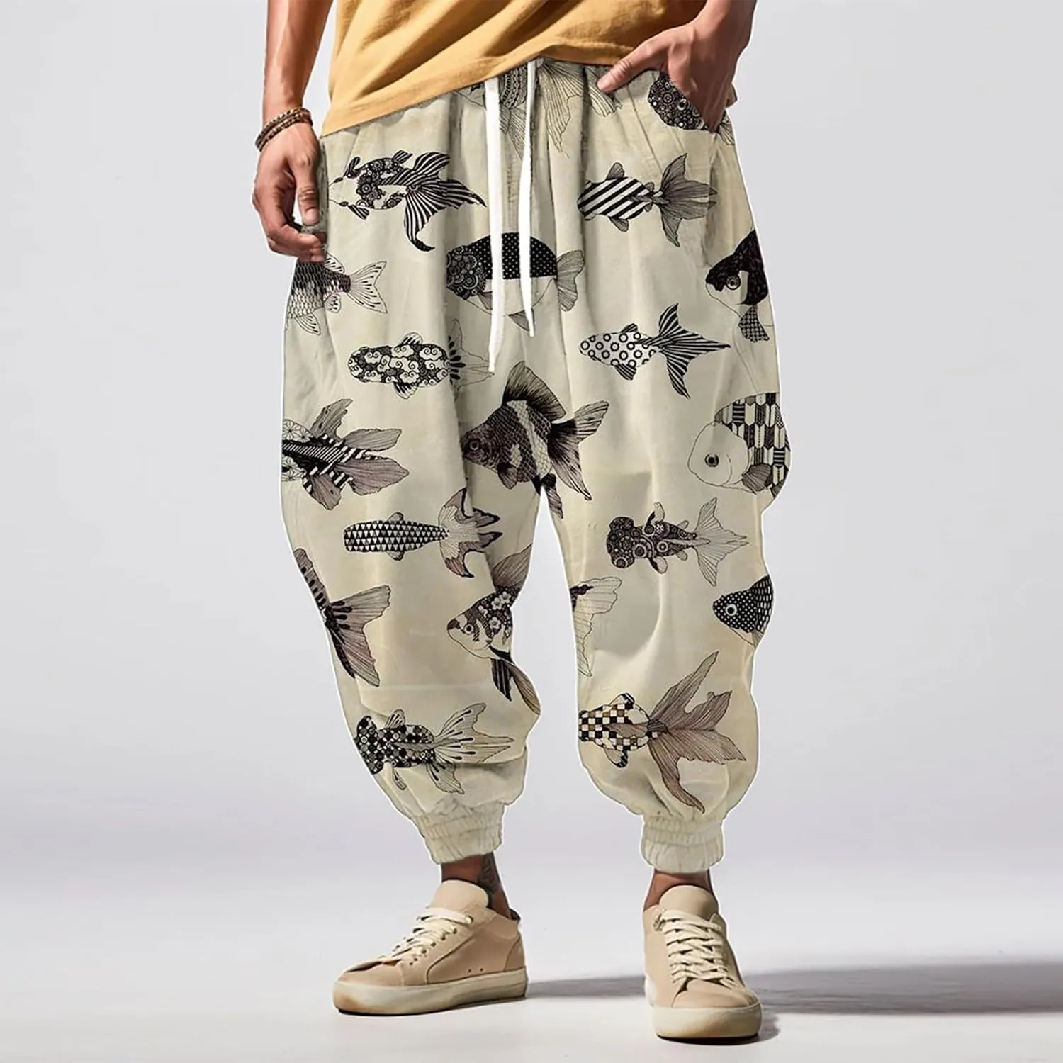 Elastic Waist Hippie Pant Cotton Casual Drawstring Men Elastic Waist with Elastic Waist Drawstring Yoga Jogger Pants