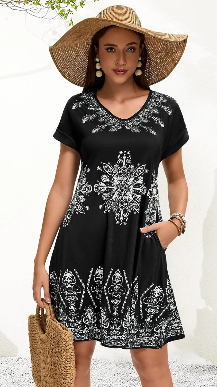 elescat Summer Dresses for Women V Neck Short Sleeve Flowy Tshirt Dress Casual Loose Sundress with Pockets
