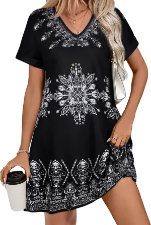 elescat Summer Dresses for Women V Neck Short Sleeve Flowy Tshirt Dress Casual Loose Sundress with Pockets
