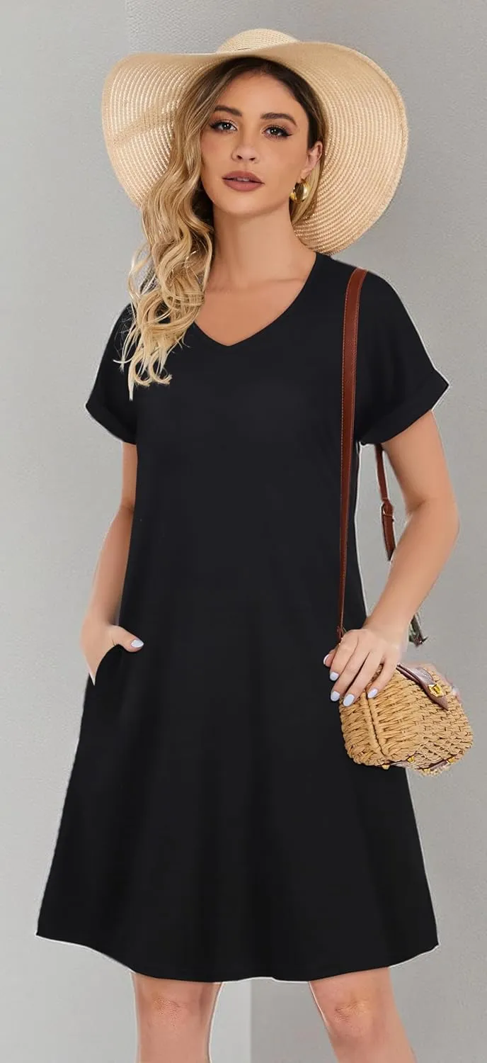 elescat Summer Dresses for Women V Neck Short Sleeve Flowy Tshirt Dress Casual Loose Sundress with Pockets